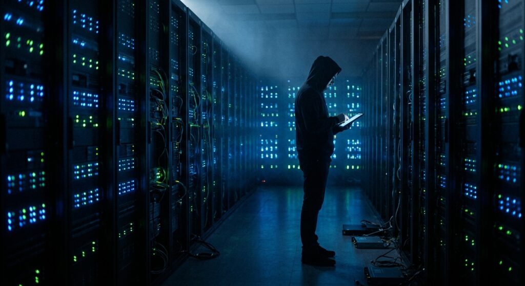 Wymogi Google i Yahoo dla nadawców masowych. Co się zmieniło w 2026 roku? Serwerownia data center ilustrująca wymogi Google i Yahoo dla nadawców masowych – rzędy serwerów pocztowych z niebieskim oświetleniem LED
