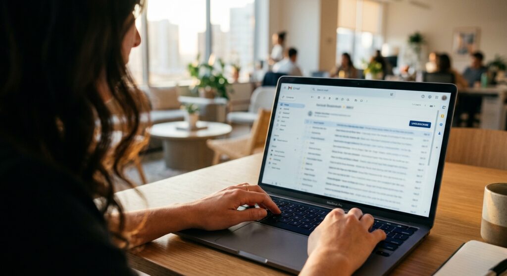 Wymogi Google i Yahoo dla nadawców masowych. Co się zmieniło w 2026 roku? Zbliżenie na dłonie przy laptopie ze skrzynką e-mail i widocznym przyciskiem unsubscribe
