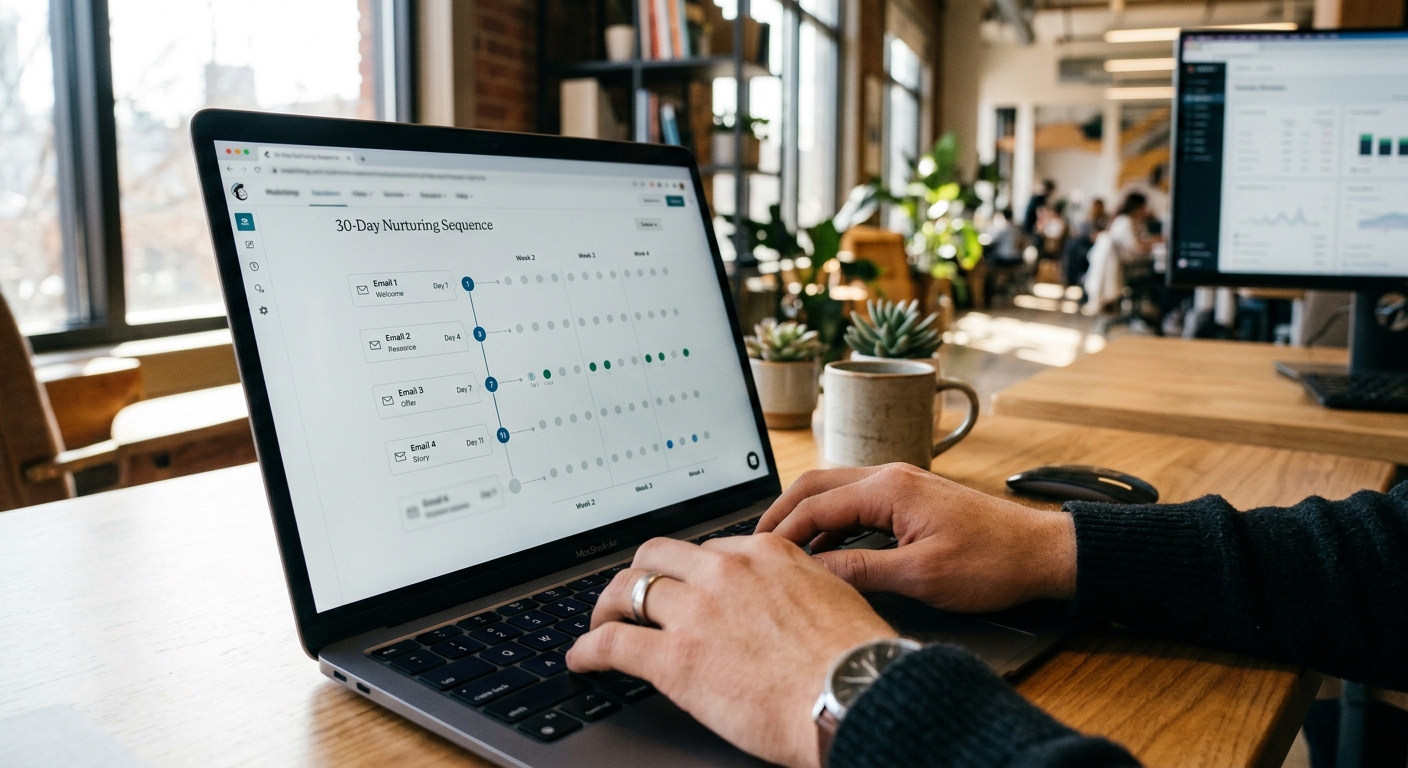 Lead Nurturing w B2B. Jak ogrzewać leady za pomocą automatyzacji Marketer konfiguruje 30-dniową sekwencję nurtingową e-maili na laptopie