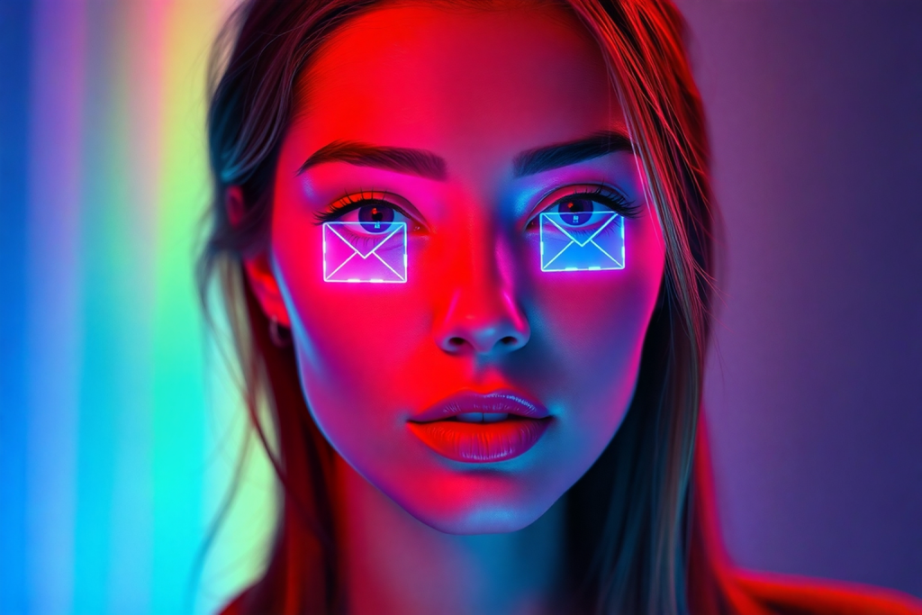 Przyszłość email marketingu - jaka będzie? przyszłość email marketingu - kobieta z hologramem kopert na oczach