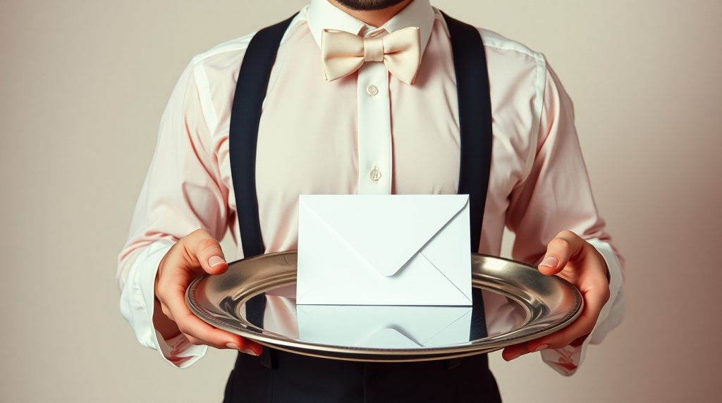 Skuteczny cold mailing – jak zdobywać klientów bez bycia natrętnym? skuteczny cold mailing - lokaj trzyma srebrną tacę z kopertą
