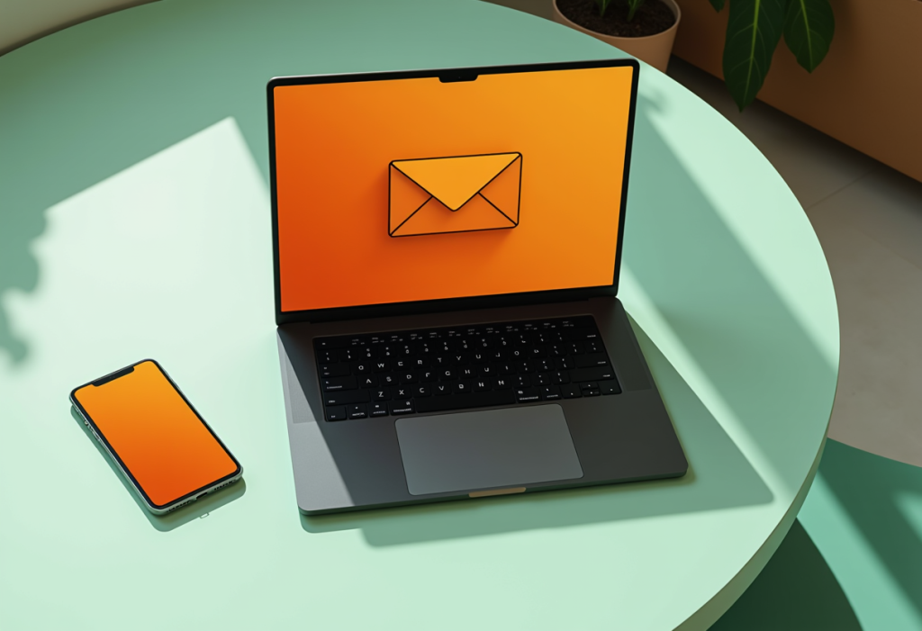 Jak połączyć email marketing i SMS marketing? laptop i telefon na stoliku 