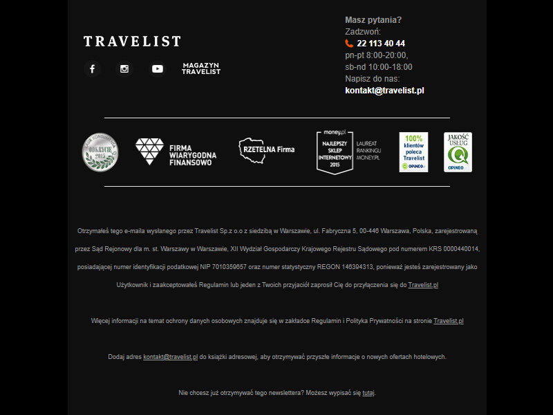 Stopka mailowa w newsletterze Travelist