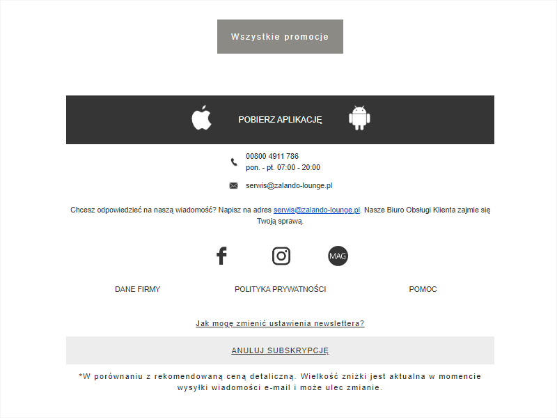 Stopka mailowa w newsletterze Zalando